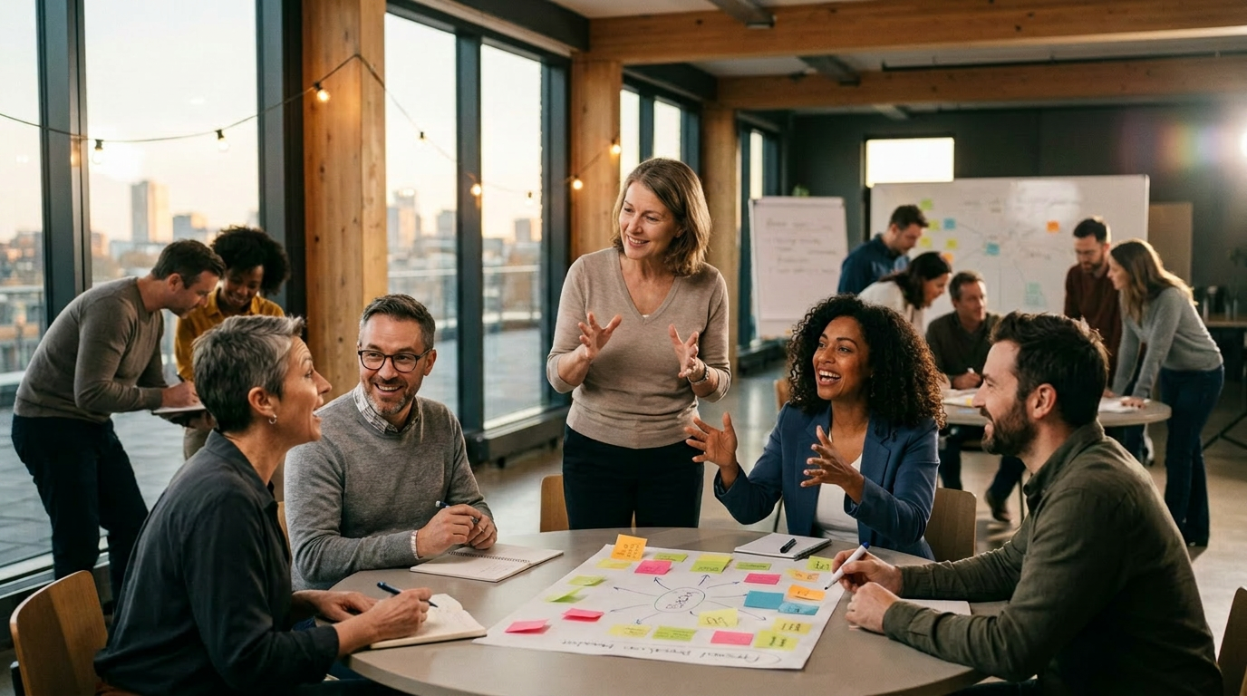 Group of colleagues brainstorming with sticky notes on large sheet in modern office