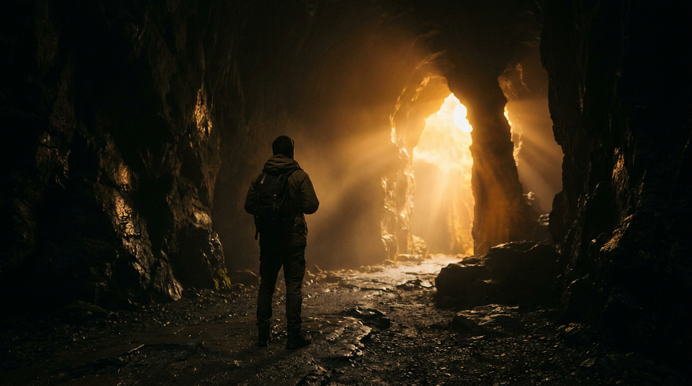 Person standing inside a dimly lit cave facing a bright light at the cave's mouth
