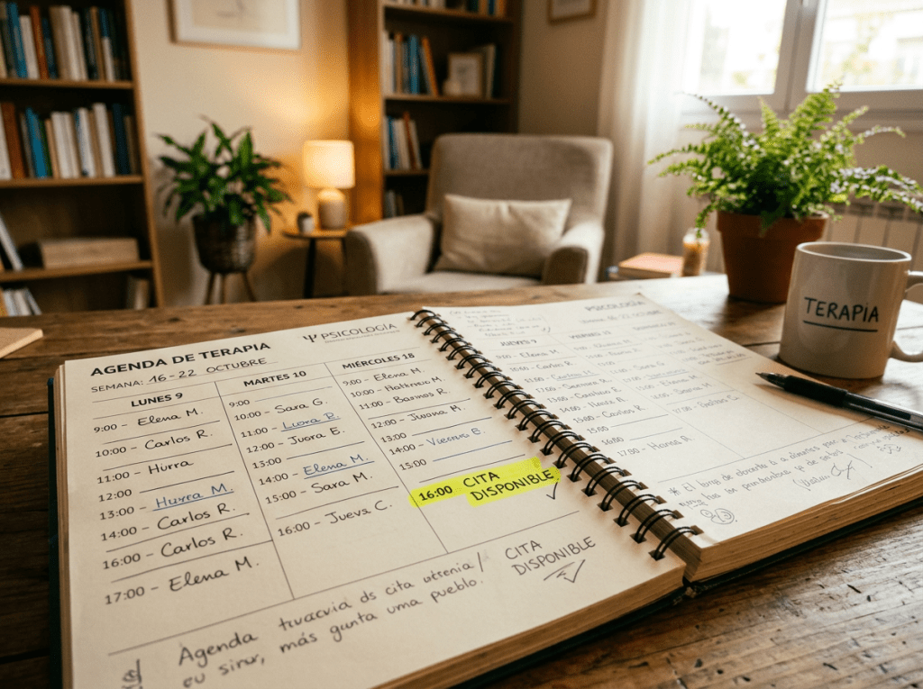 Open therapy agenda book with weekly appointments and a highlighted available appointment